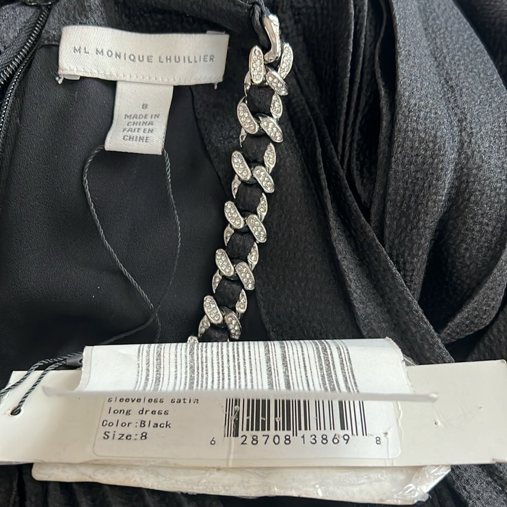 ML Monique Lhuillier Satin Chain-Link Belt Pleated Gown, Black, New, Size 8 - Picture 9 of 12